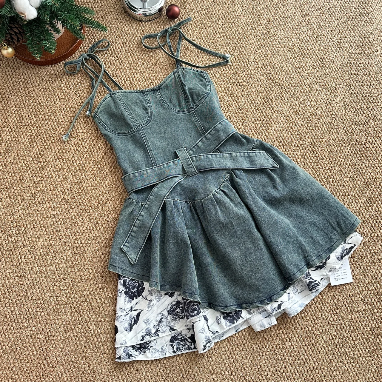 Korean Chic Spaghetti Strap Denim Short Dress Summer French Retro Off Shoulder Lace-up Sleeveless Denim Sling Dress Women