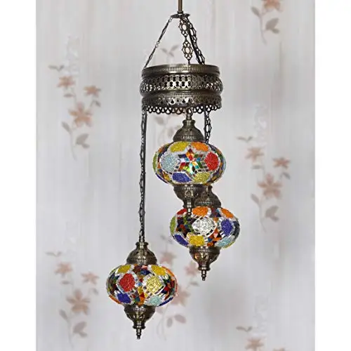 LaModaHome 35 + Unique Colors, 2020 Customizable Chandelier 3 Globes + Free 3 Bulbs, stunning Mosaic Turkish Lamp Moroccan Light