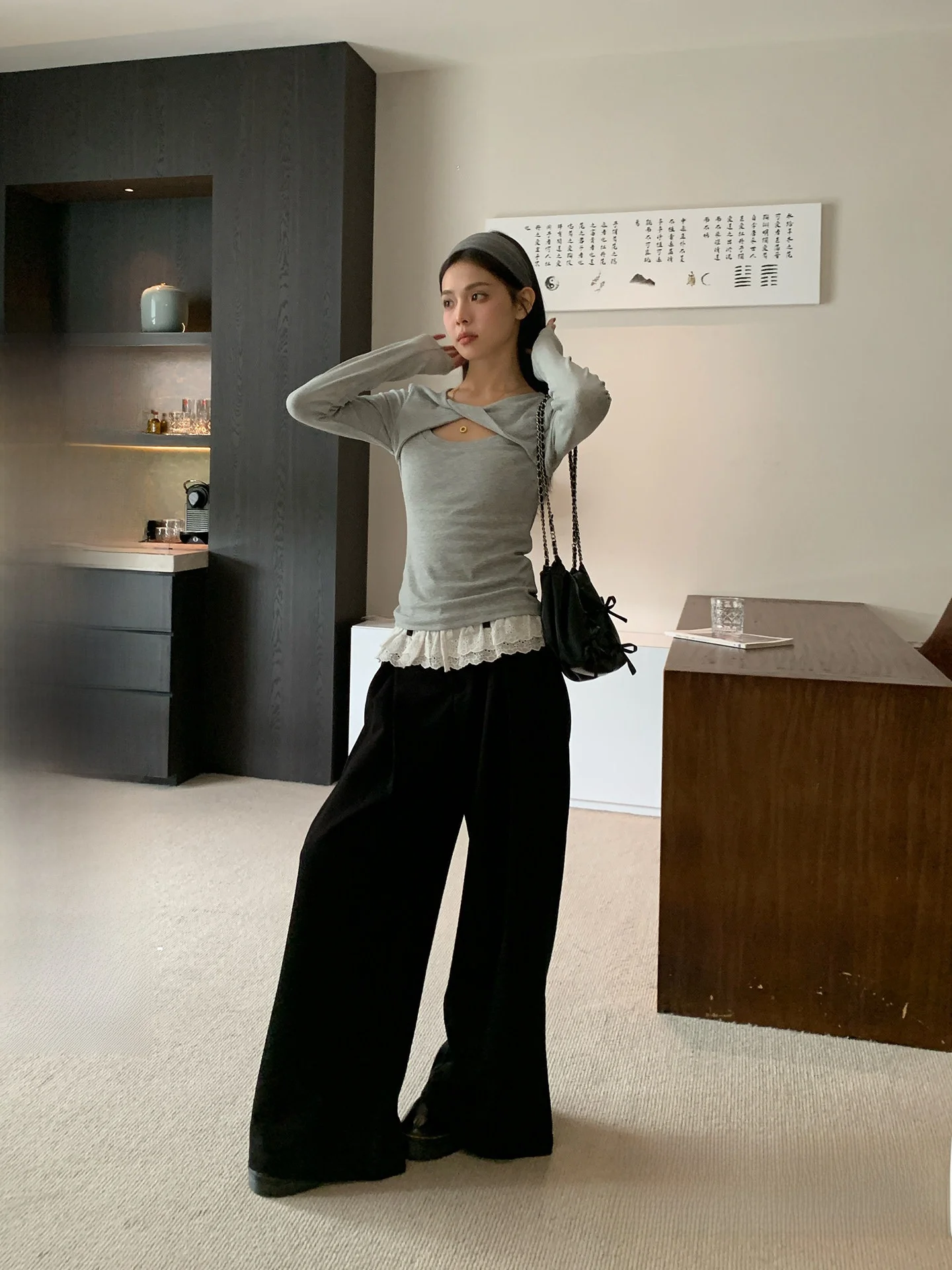 

Black Lace Straight Leg Loose Wide Leg Casual Suit Pants Women's New Design Spring Slimming Pants High Waist Zipper Closure