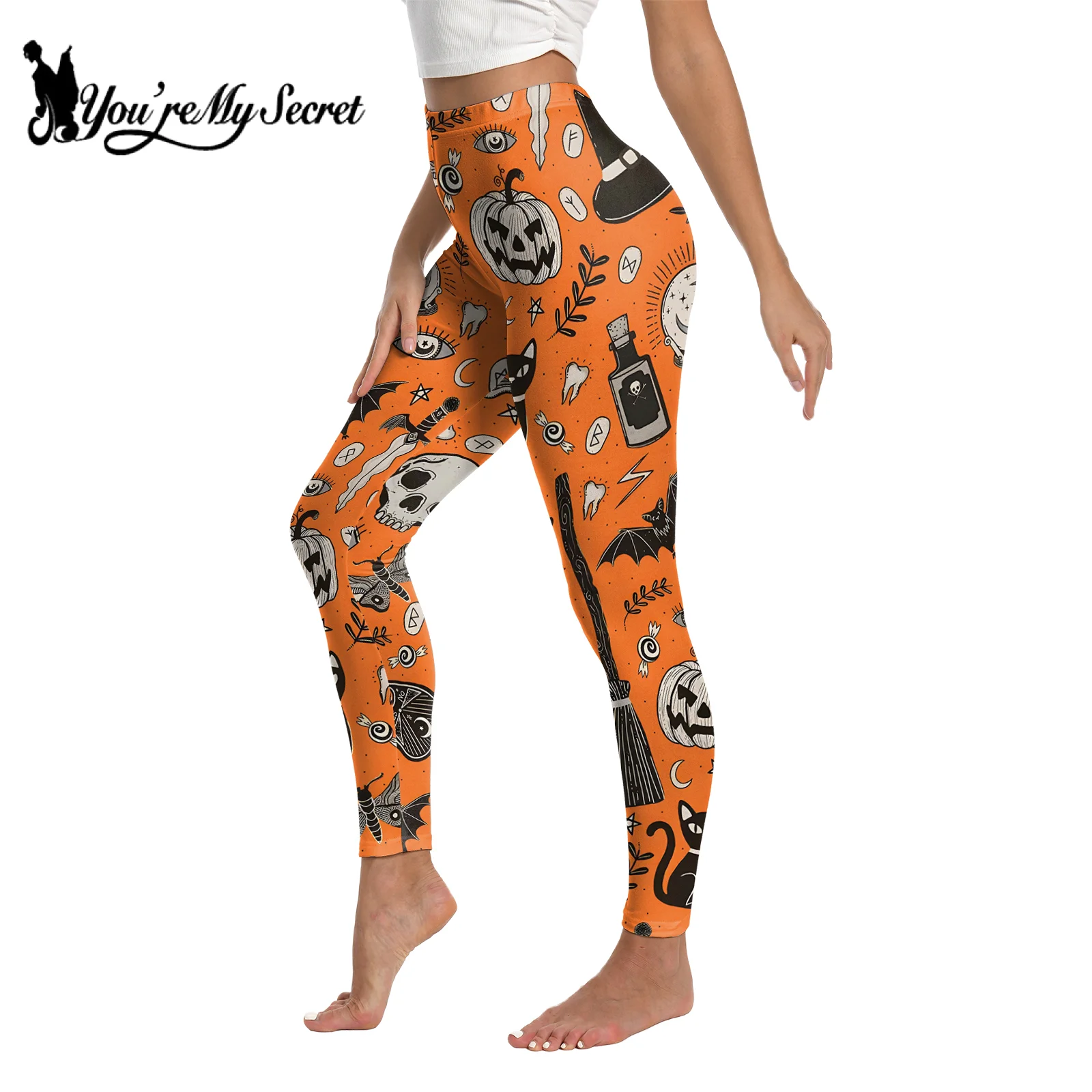 [You\'re My Secret] Summer Halloween Cosplay Pumpkin skull Print Leggings Tight Elastic High Waist Slim Skinny Pants Party Bottom