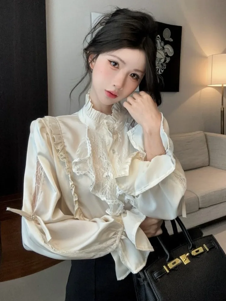 

Шелковая блузка с кружевной отделкой и воротником-стойкой, свободного кроя, с длинными рукавами, для женщин и девушек, весенняя, для повседневной носки