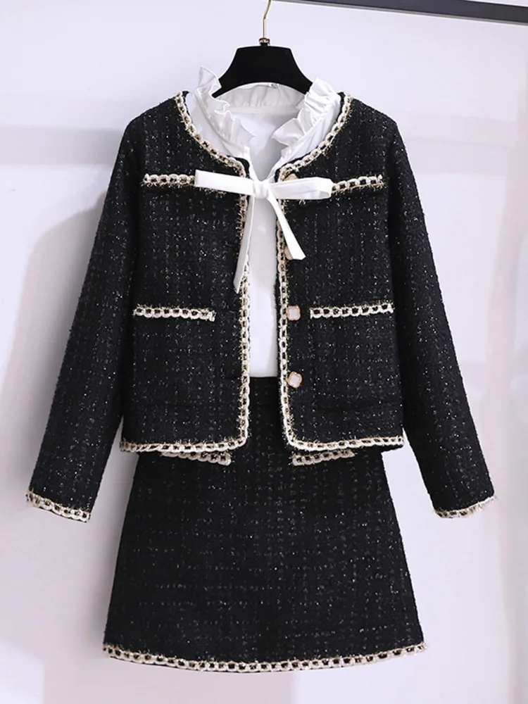 Autumn Winter Elegant Black Tweed 2 Piece Set Women Long Sleeve Woolen Jacket Short Coat Mini Skirts Suits Fashion Two Piece Set