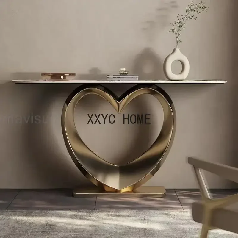 

Light Luxury Table For Living Room Rock Slab Countertop Entrance Hall Furniture Heart-Shaped Stainless Steel Base Console Table