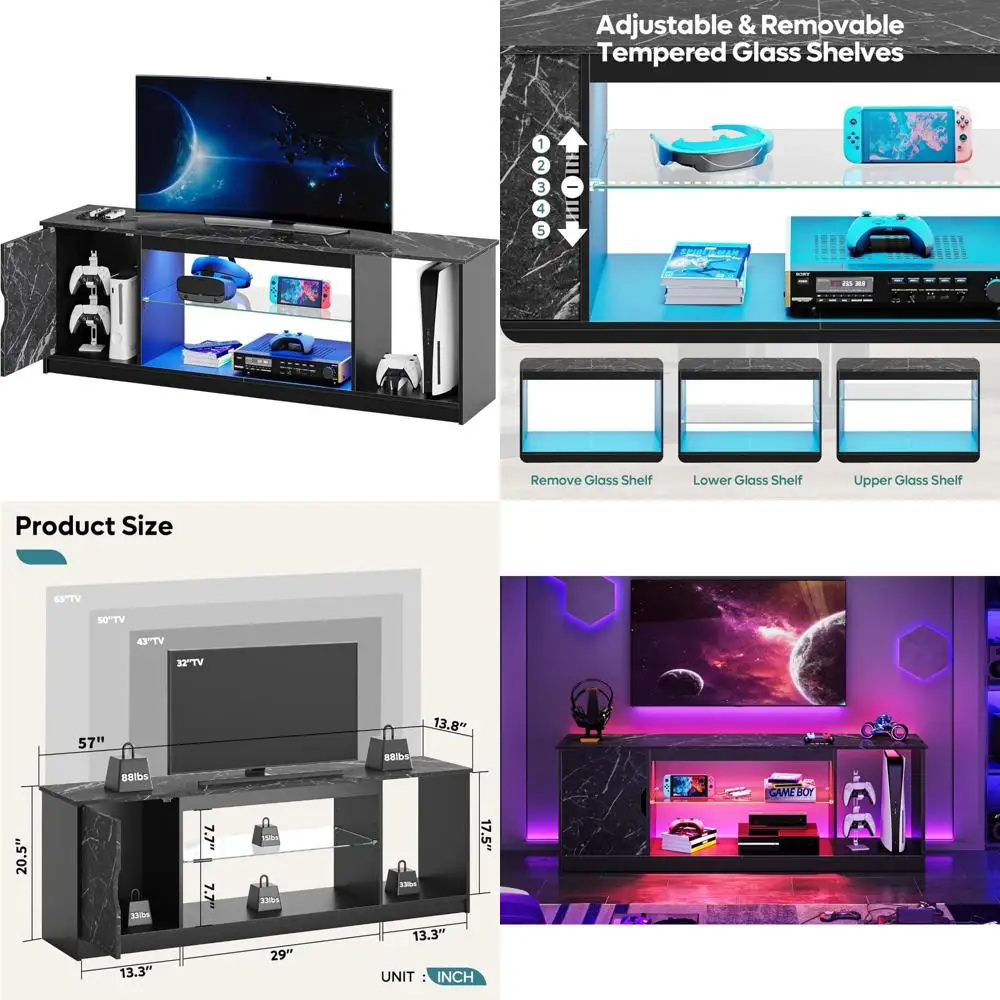 57 حامل تلفزيون للألعاب لتلفزيون 55-65، وخزانة الوسائط الحديثة، ومركز الترفيه لتخزين وحدة التحكم