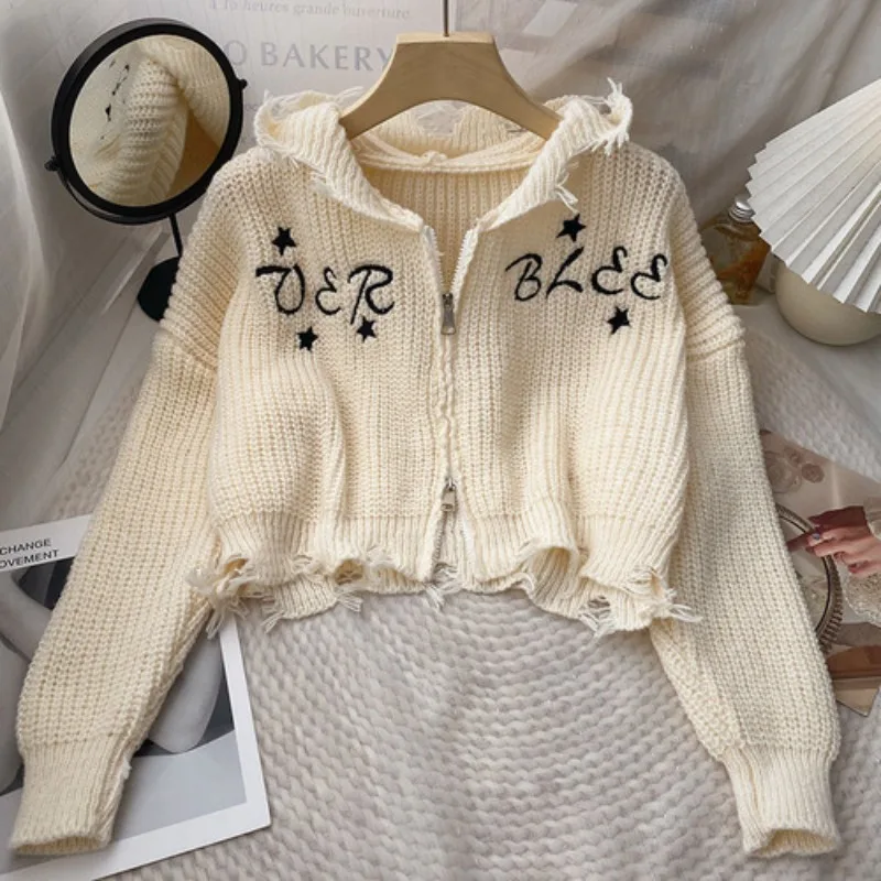 DAYIFUN-Embroidered Letter Sweaters for Women Long Sleeve Short Jumpers Harajuku Hole Zipper Knitted Cardigan Autumn Winter 2024