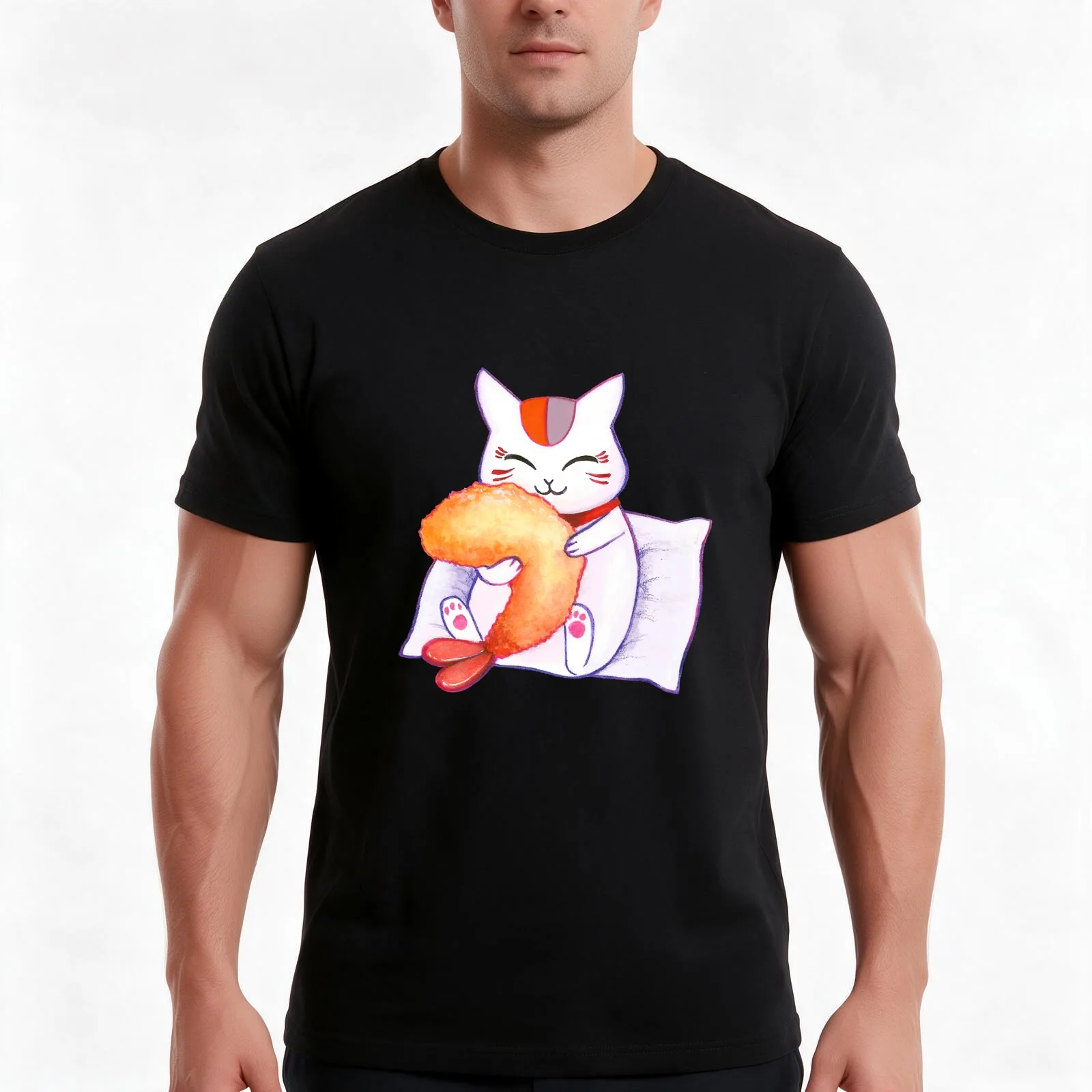 Nyanko Sensei with tempura prawn T-Shirt Summer Casual Cotton Tee Oversized Streetwear Tops Vintage Graphic Print