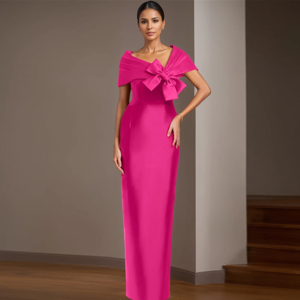 Charming Mother of The Bride Dress Customzied Bow Cap Sleeves V Neck Pleated Floor Length Column for Formal Guest Evening Gown