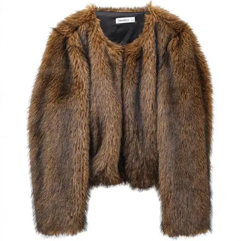 موضة جديدة من الفرو الصناعي الأوروبي والأمريكي للنساء بأكمام طويلة معطف شتوي قصير مفتوح من الأمام مع جيوب مريحة ودافئة #4