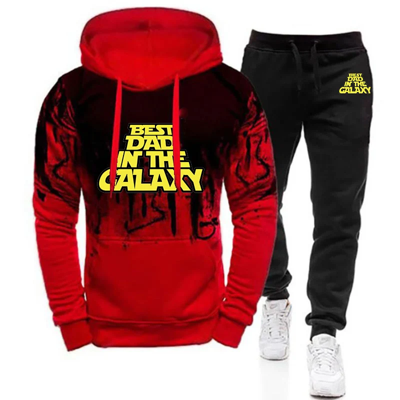 Best Dad In The Galaxy Print 2025 Spring And Autumn 2025 Men's New Gradient Color Set Spring Autumn Hoodie Pullover+Trouser Suit