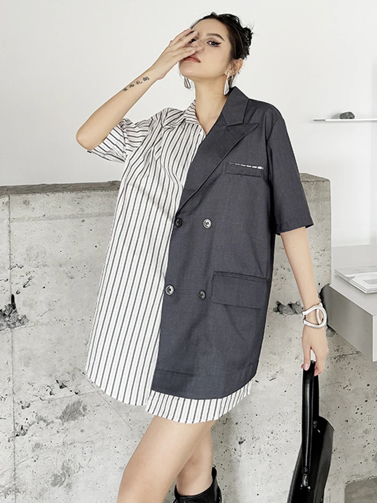 [EAM] Women Gray Striped Belted Big Size Long Blazer New Lapel Short Sleeve Jacket Fashion Tide Spring Summer 2024 1DH5845