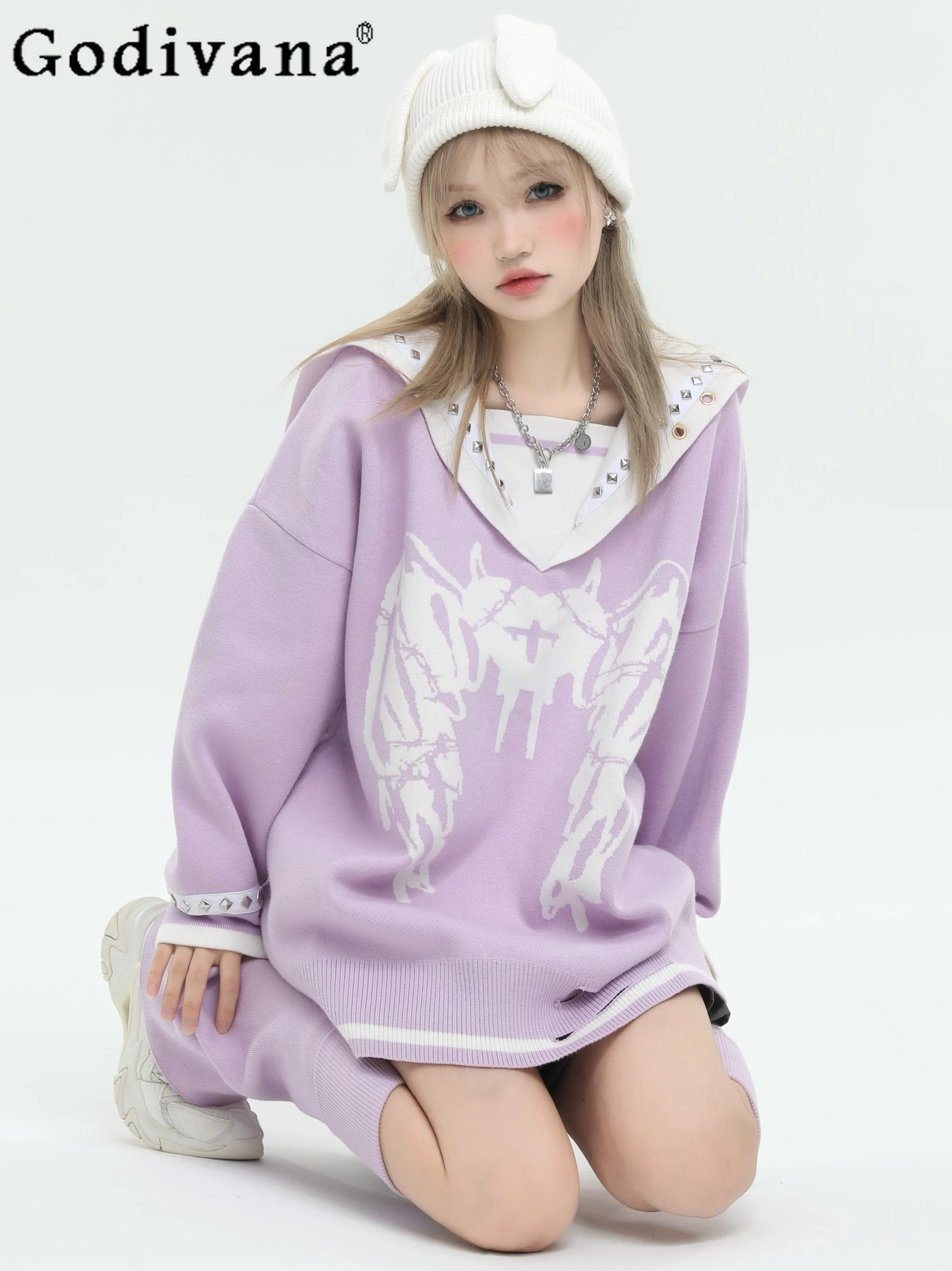 

Japanese Sailor Collar Print Jacquard Loose Mid-length Large Size Sweater Women Autumn Fashion Elegant Student Knitted Pullovers