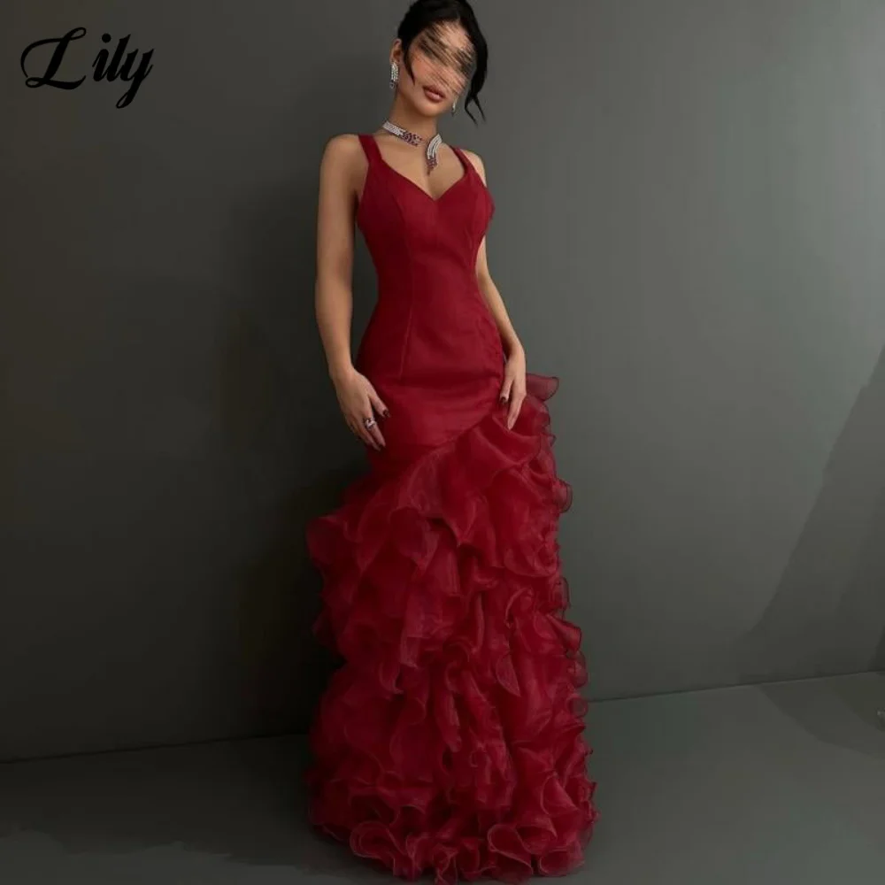 فستان حفلات بدون أكمام باللون الأحمر من الزنبق فستان سهرة من التل بدون أكمام فساتين حفلات على شكل بوق متدرج مع طيات للنساء حسب الطلب