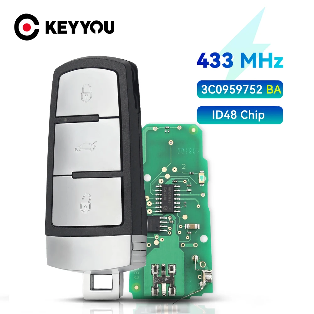 KEYYOU 433MHz Remote Key For VW For VolksWagen Passat B6 3C B7 Magotan CC 3C0959752BA Fob with ID48 Chip 3 Buttons Smart Car Key