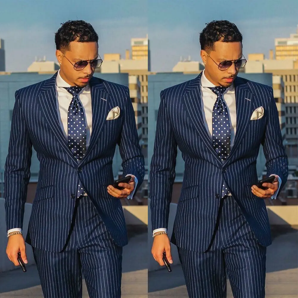 

Classic Navy Blue Chalk Stripe Wedding Tuxedos Mens Suit Two Pieces Formal Business MensJacket Blazer ( Jacket+Pants+Tie)