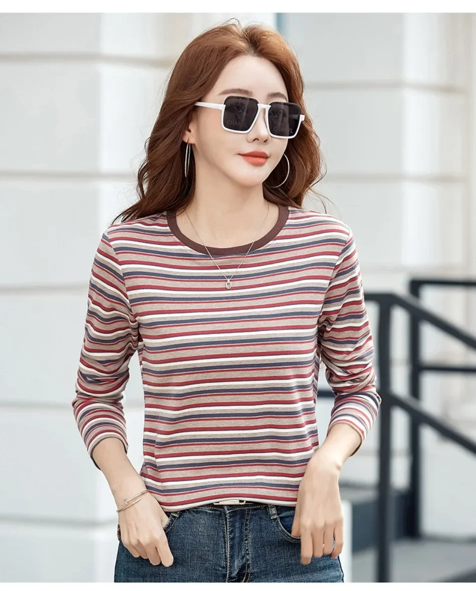 2024 neue Damen bekleidung Rundhals ausschnitt gestreiftes Unterhemd Frühling und Herbst Langarm Tops T-Shirt lose Innen lässig Top – Detail 18