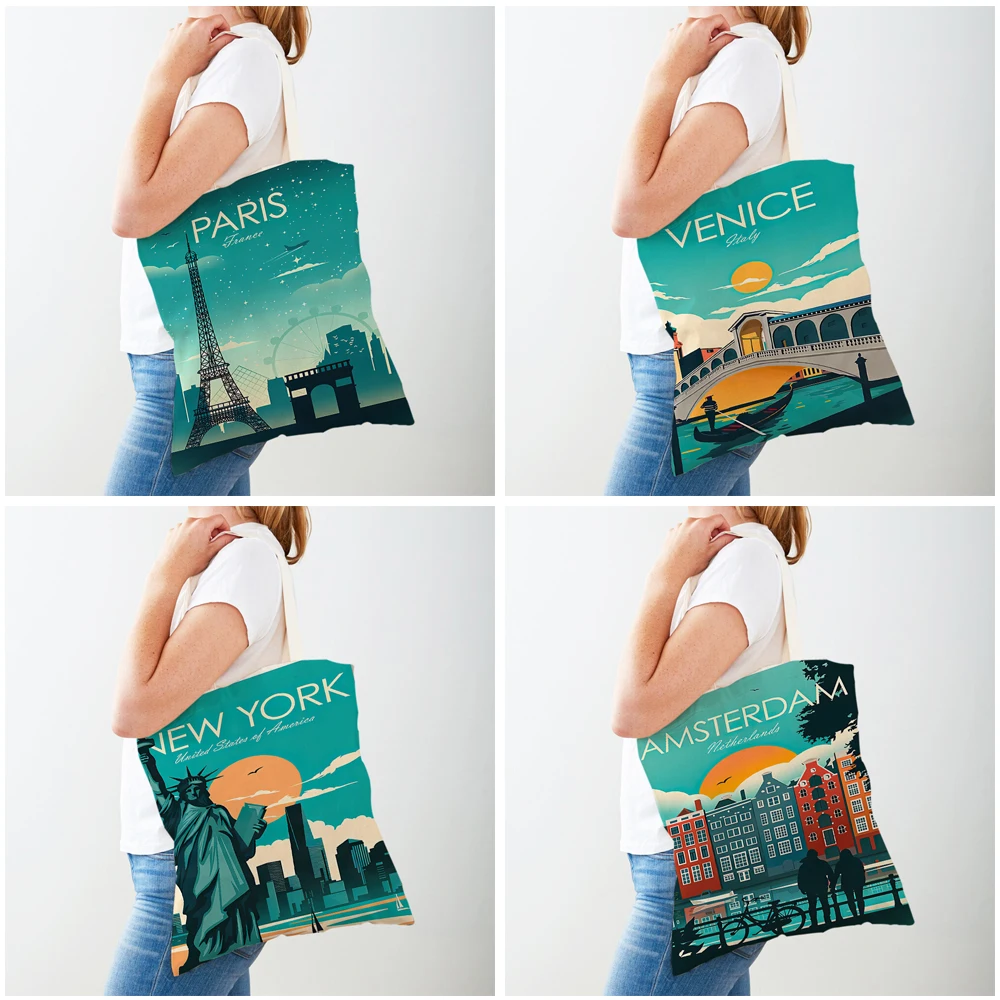 World City Travel Paris Venice Amsterdam Lady Shopping Bag Both Sided Geometric Women Shopper Bags Casual Eco Shoulder Handbags