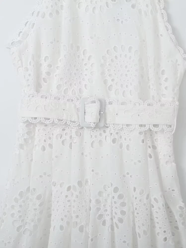 Luxury Women lace Sleeveless dress White Elegant Embroidered long shirt dress Sexy Beach Clothing Ladies Summer 2023 INKEO 3D045