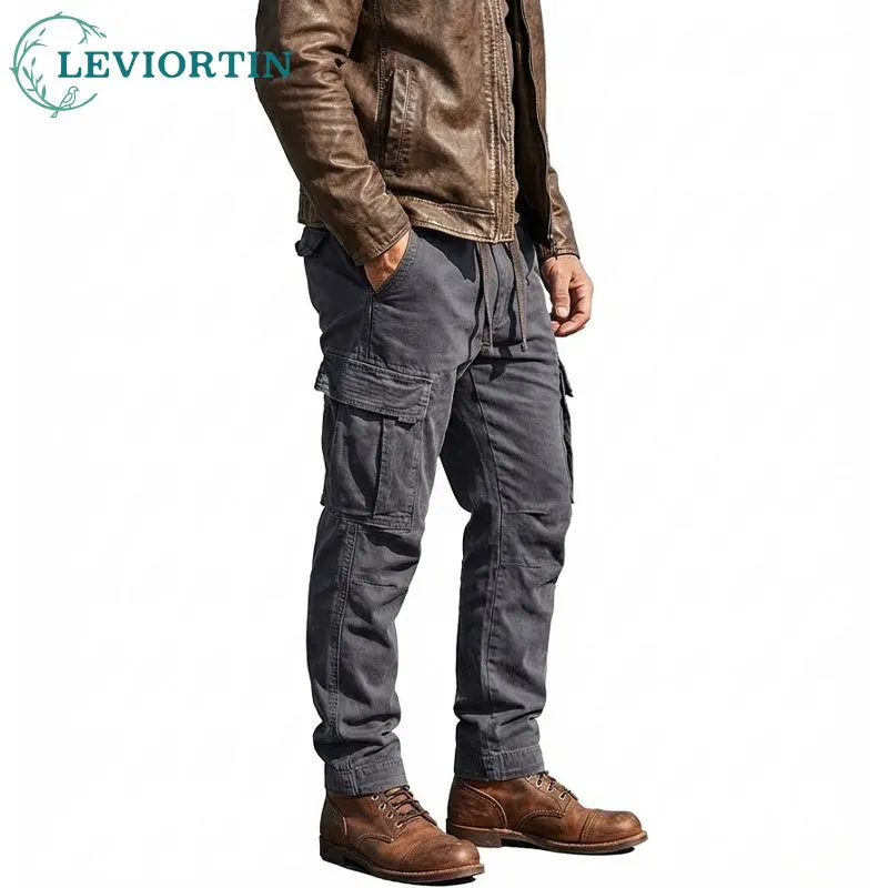 

Retro Camouflage Wash Cotton Cargo Pants Men Casual Loose Fit Straight Leg Drawstring Outdoor Jogging Pants Multiple Pockets