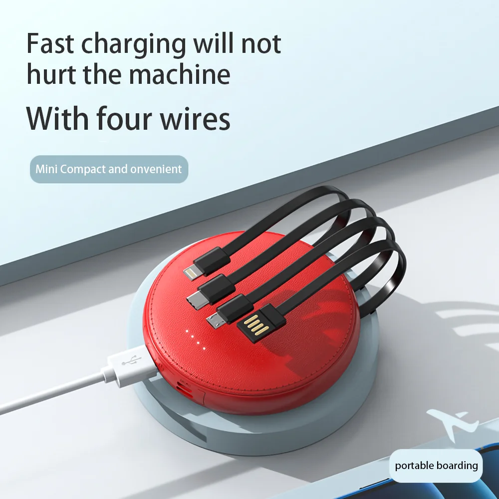 New mini leather pattern round self-sufficient cable 10000mah large capacity fast charging portable mobile power battery