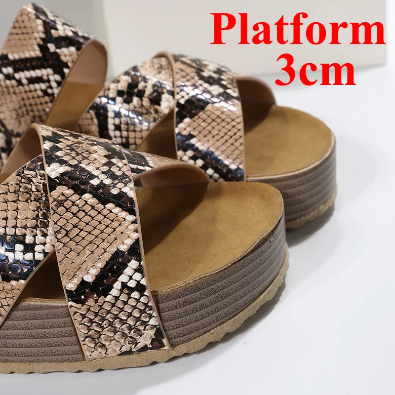 Snake Pattern Thick Bottom Cork Sandals Women Summer Non-Slip Platform Slippers Woman Cross Strap Casual Clogs Slides Shoes 2024