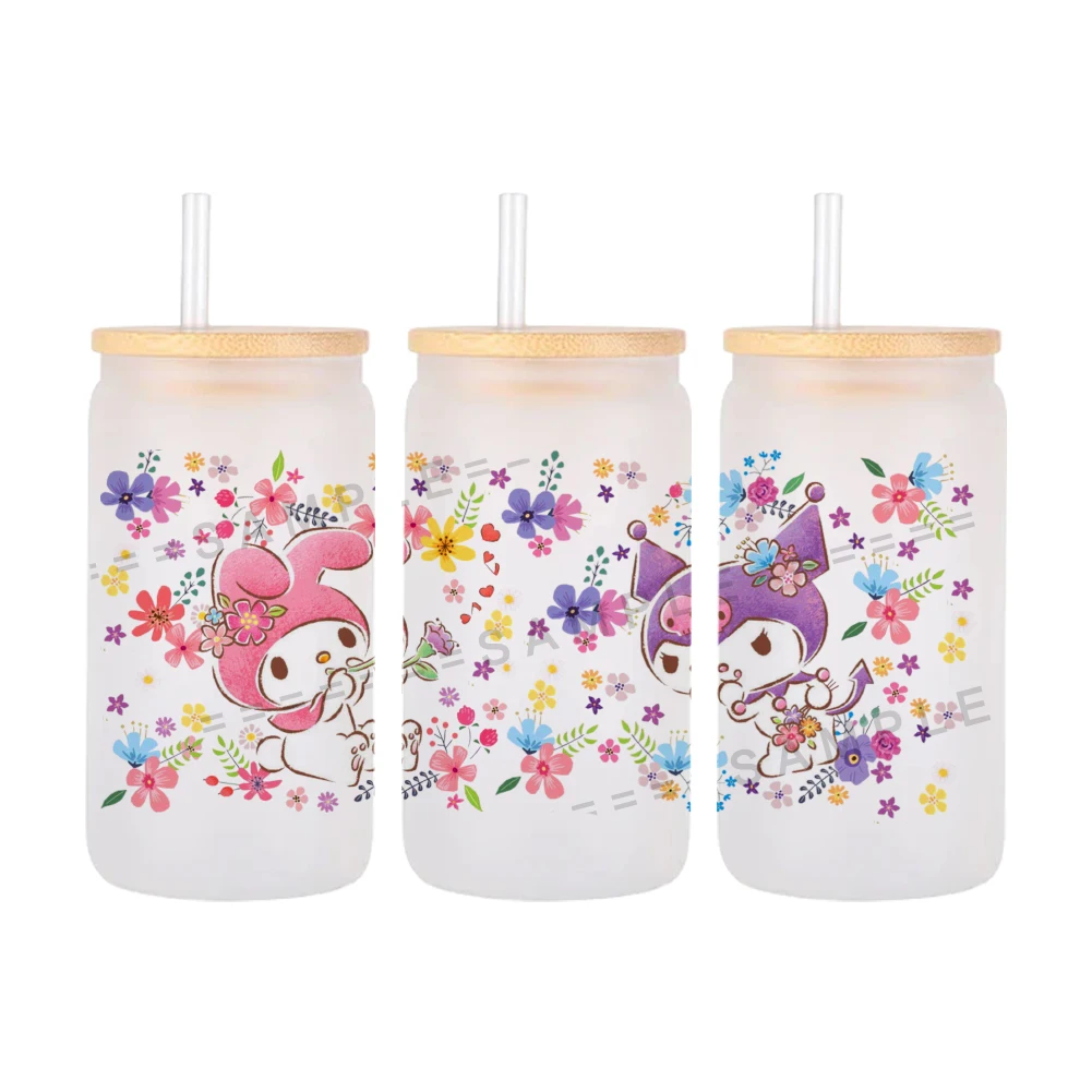 

24x11cm Kuromi And Melody Cartoon Sanrio Can Wrap Sticker For 16oz Can Glass 3D Waterproof UV DTF Coffee Libbey Glass Wrap