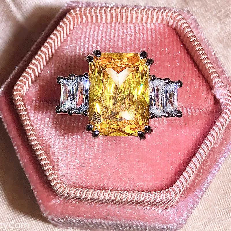 

NEW Classic Baguette Yellow Stone Full Diamond Couple Ring For Women Topaz Geometric Silver Plated Engagement Brida Gift Jewelry