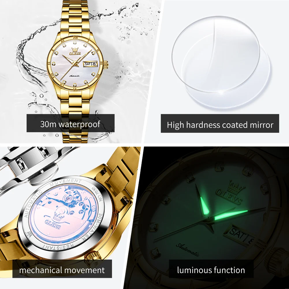 OLEVS 7030 Luxury Woman Watch Dual Calendar Automatic Watch For Women Stainless Steel Waterproof Diamond Scale Ladies Hand Clock