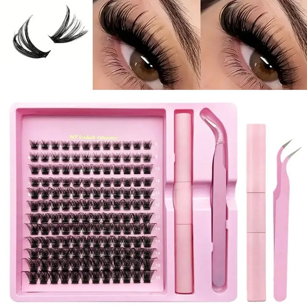 Kit di estensione ciglia fai da te con pinzette colla 8-16mm vassoio a grappolo ciglia naturali look misto set pezzi 144 ciglia singole finte D0B5