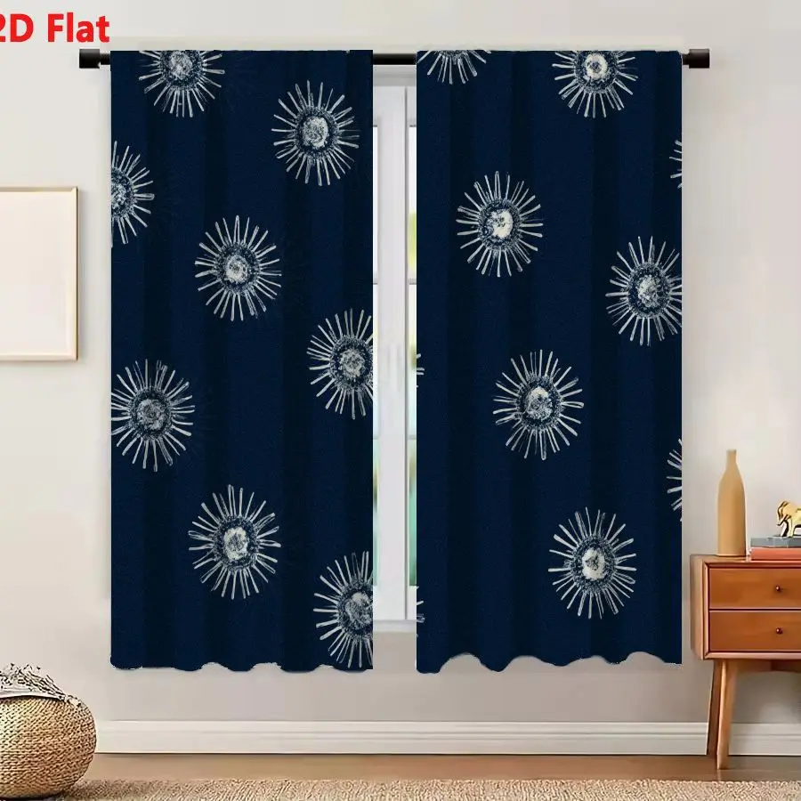 2Pcs Curtains 2D Flat White Sunburst Floral Starburst Pattern On Solid Dark Blue Navy Background Minimalist Artistic Decorative
