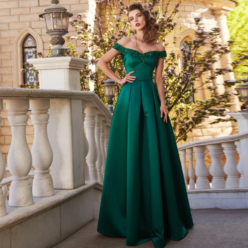 

Green Gorgeous Satin Evening Dresses Sexy Women's Off Shoulder Sleeveless Princess Prom Gowns A-Line Fashion Formal Wedding Part