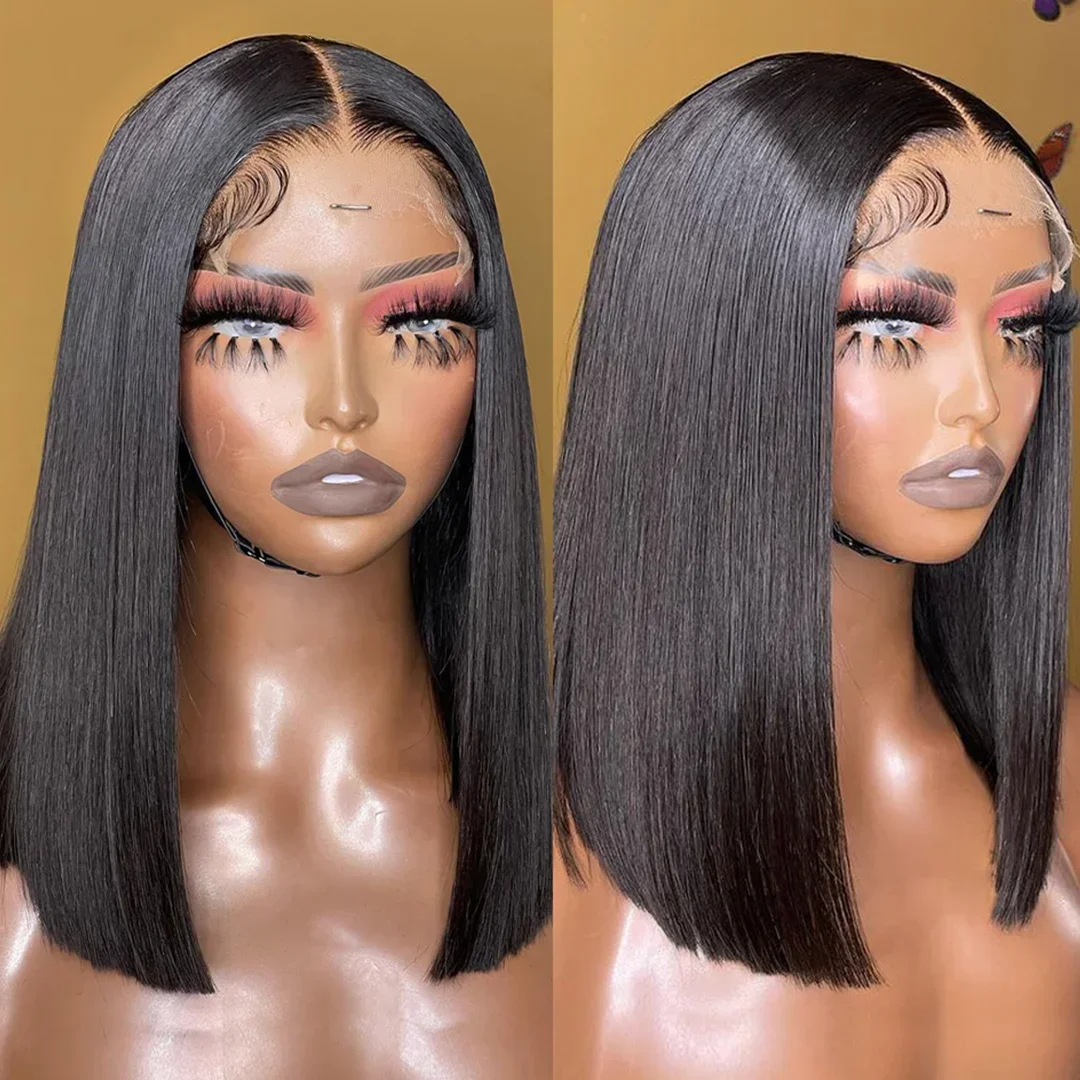 Wiggogo 3X1 Middle Part Lace Wig Bob Wigs Full Machine Made Bone Straight Human Hair Wigs With Bangs Short Bob Human Hair Wigs