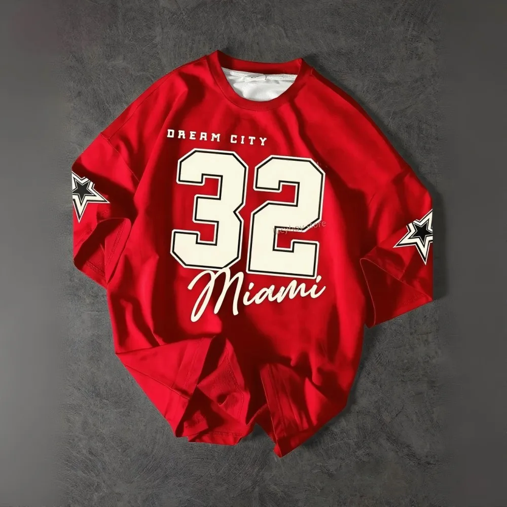 American men's summer retro MIAMI city letter print soft and breathable round neck T-shirt outdoor sports casual top