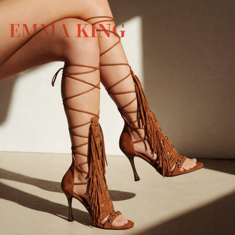 

Women's Brown Suede Fringe Gladiator Sandals Lace-Up High Heels Knee High Sandals with Studs Open Toe Stiletto Heeled Sandals