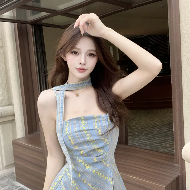 

Ретро-топ из денима в гонконгском стиле с асимметричным дизайном, модный свободный топ-халтер с завязками на шее, женская одежда