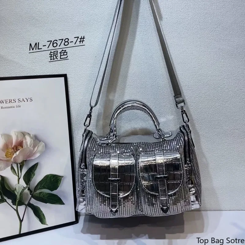 Women's Silver Sequin Crossbody Bag Y2K Large Capacity Top Handle Convertible Adjustable Strap Street Party Daily