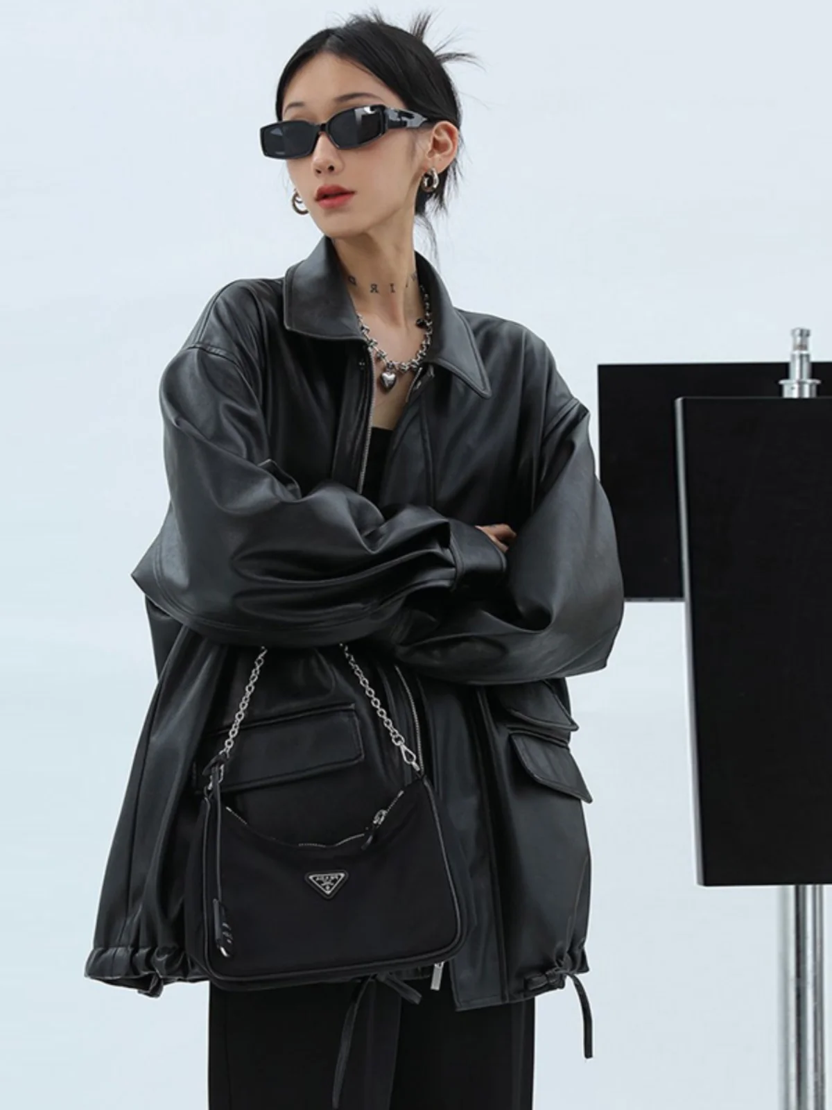 

Bla Retro Motorcycle PU Leather Jaet Autumn New Sle Street Sle Zipper Closure Long Sve Loose Fit Coat