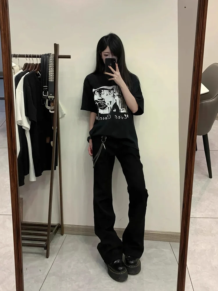 

Черные облегающие прямые джинсы с высокой талией, мужские летние джинсовые брюки High Street Vibe Bootcut, повседневные дышащие джинсовые брюки из полиэстера