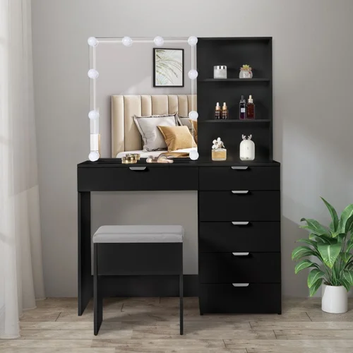 Particleboard Triamine Veneer 6 Pumps 2 Shelves Mirror Cabinet 3 Tone Light Bulbs Dressing Table Set Black