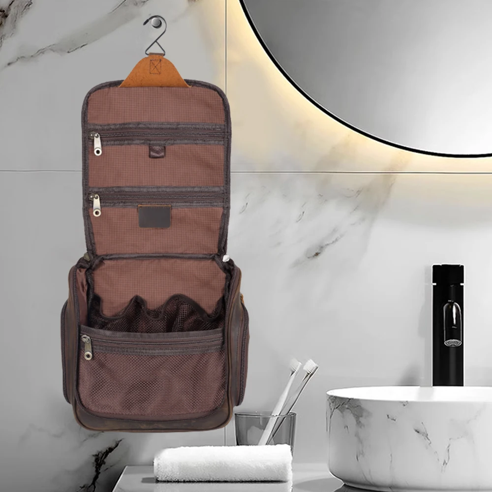 New Design Leather Cosmetic Toiletry Bag Top Full Grain Leather Men Wash Bag for Travelers Travel Make up Washing Bag