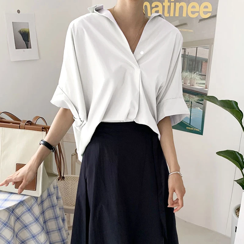 

SuperAen 2024 Summer Quarter Sleeve Shirt Loose Korean Style Elegant Solid Color Bat Sleeve Shirt