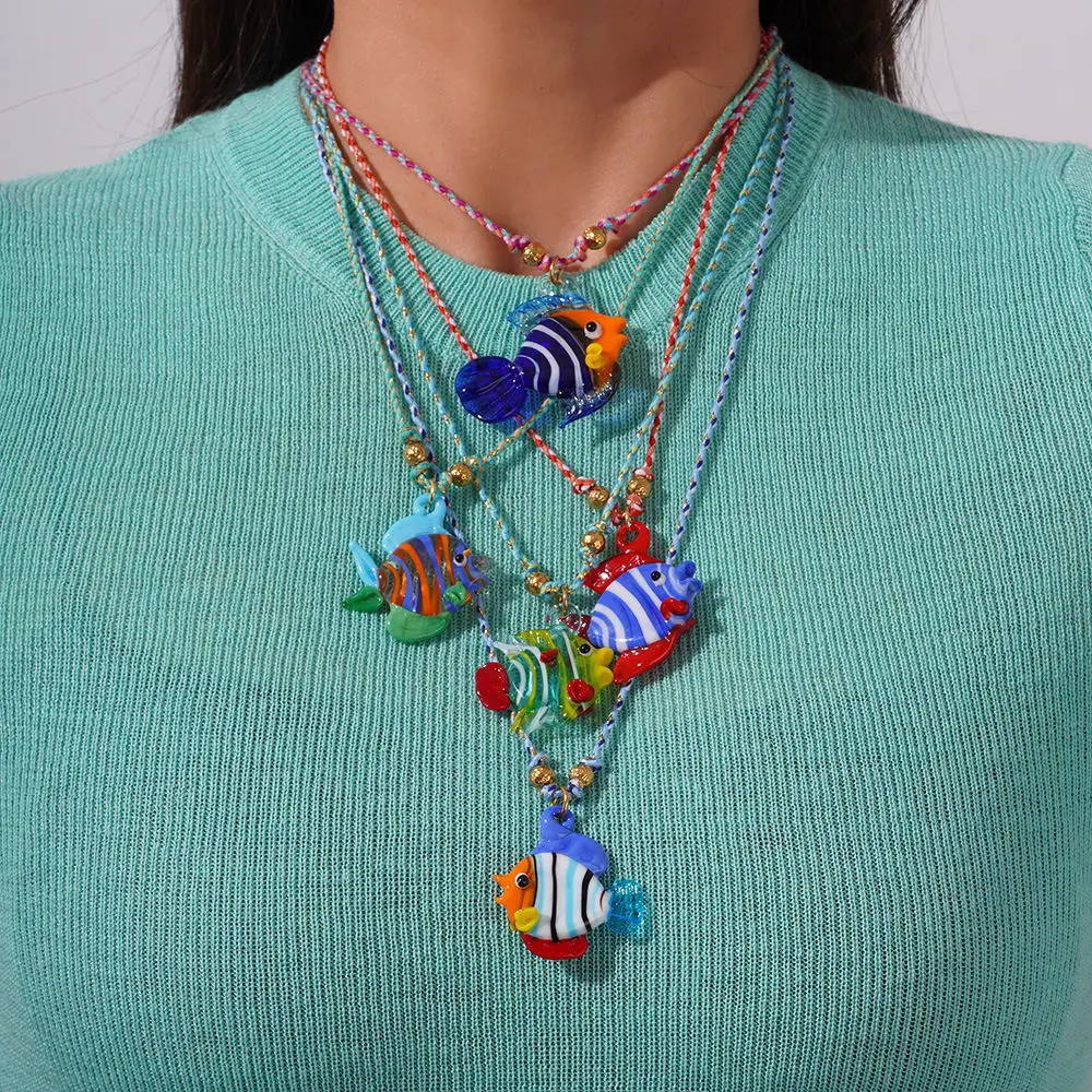 Fashion New Cute Multicolour glass Fish Sweater Chain Pendant Necklace for Women Girls Animal Jewellery Gifts