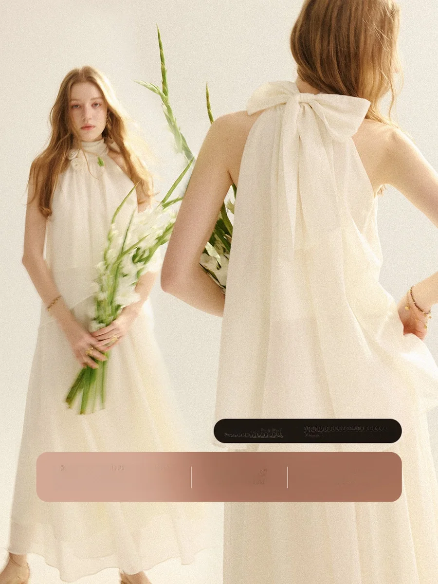 

Elegant Vintage Stand Collar Sleeveless Chiffon Top Neck Hanging Strap Holiday Wear Women Summer Short Length Knot
