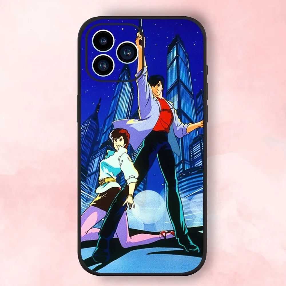 City Hunter Comic Phone Case For iPhone 15,14,13,12,11,XS,XR,X,8,7,Pro,Max,Plus,mini Black Silicone Soft Shell