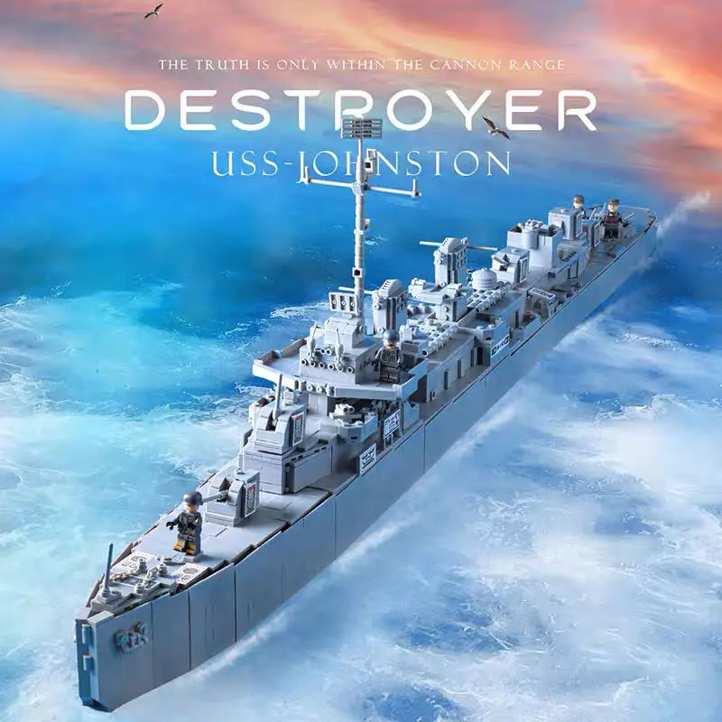 WW2เข้ากันได้กับ Lego เรือรบทหาร Series เรือรบ USS Johnston บล็อกตัวต่อเรืออิฐของเล่นสำหรับของขวัญเด็ก