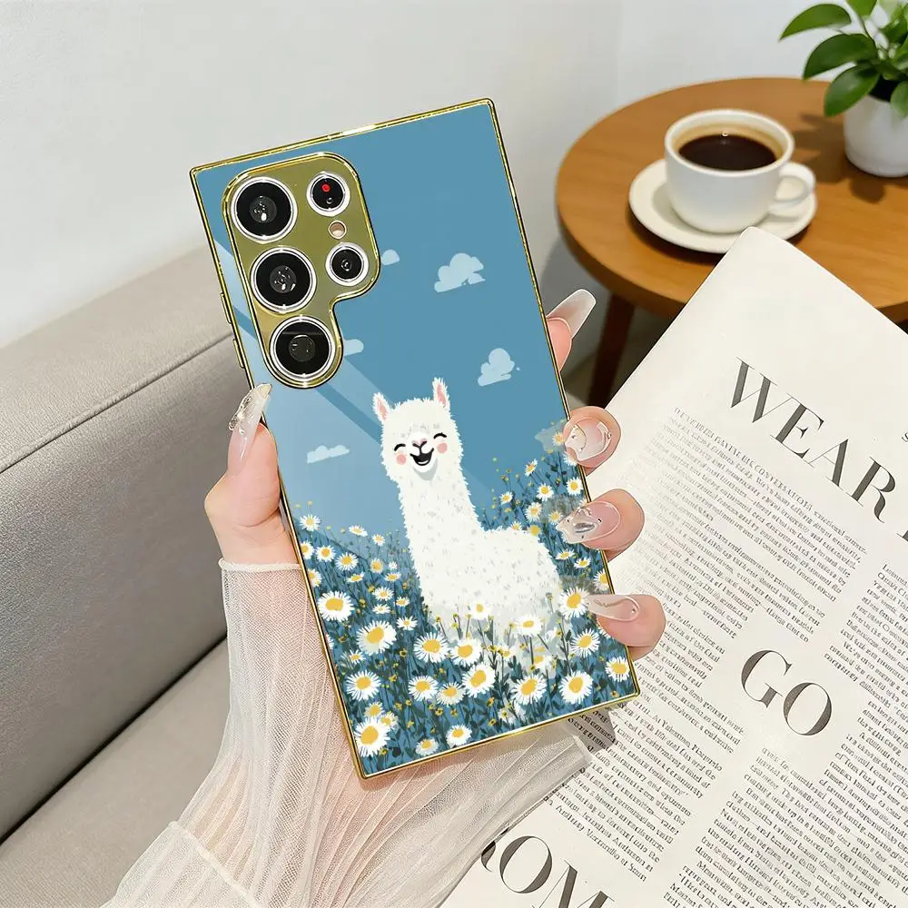 cute Alpaca Phone Case Luxury Electroplated Metal Frame Phone Case for Samsung S25 S24 S23 Ultra Slim Cover