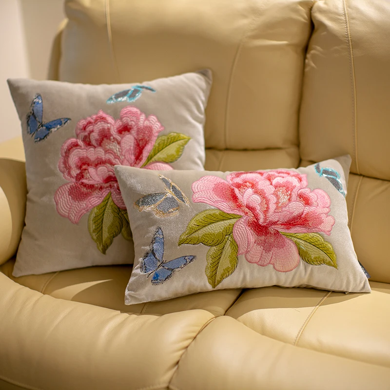 Chinese Flora Embroidery Pillows Luxury Velvet Cushion Case Shiny Yellow Purple Blue Decorative Pillow Cover For Sofa Chair Home