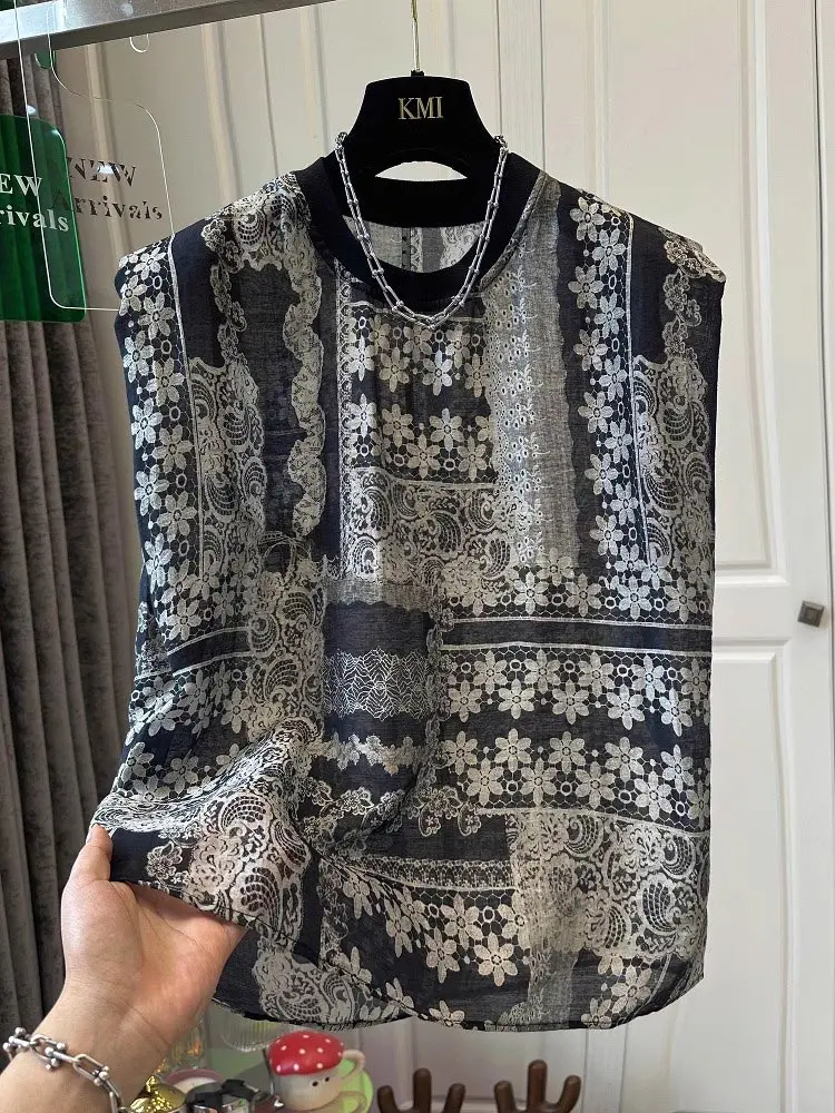 Elegant Floral Print round Neck Sleeveless Vest Women's Fashionable Unique Base Shirt Summer Commute Style Slim Fit T-shirt
