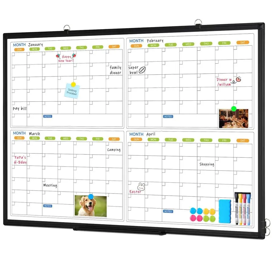 

Erase Calendar For Wall 4 Month, 36 x 24 Large Doublesided White Board Calendar, Dry Erase Monthly Planner Board, Black Aluminum