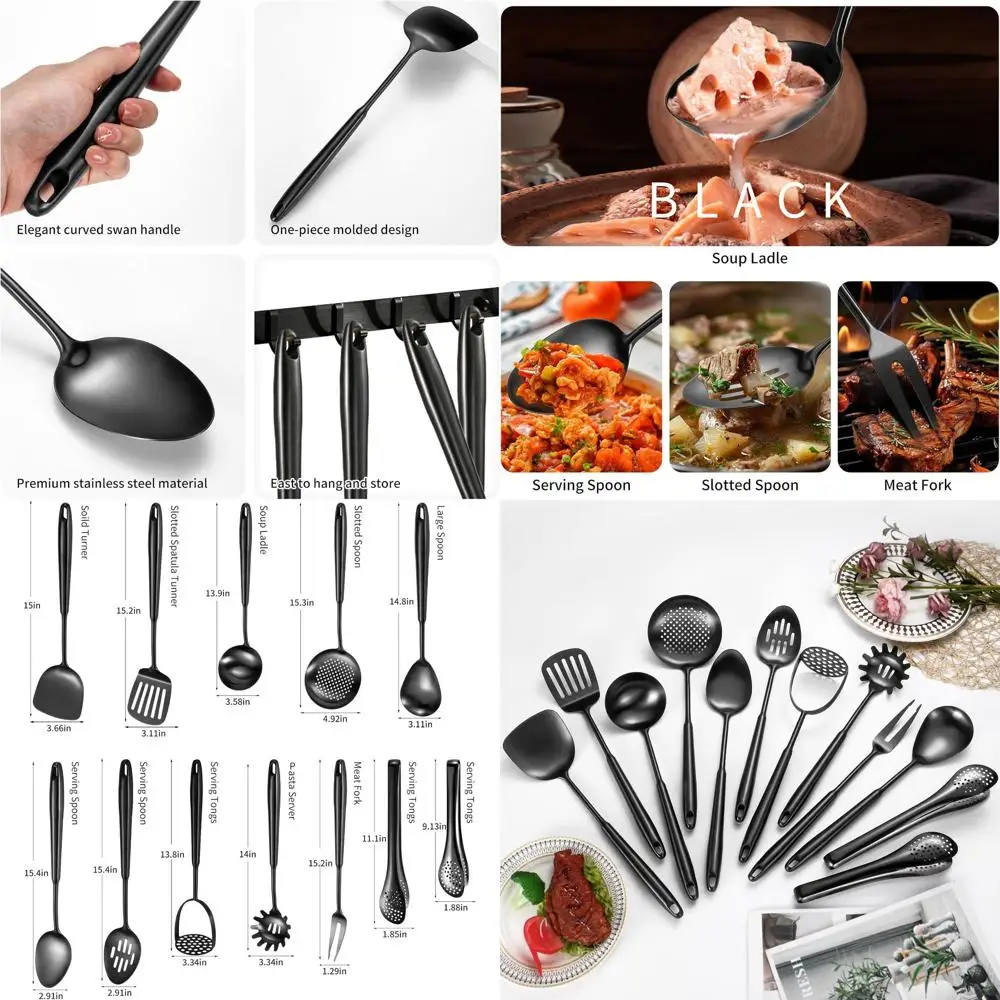 

Набор кухонной утвари из черной матовой нержавеющей стали, 12 предметов, с лопаткой, ковшом, ложкой, скиммером, токарным станком, сервером для макарон, щипцами - блюдо