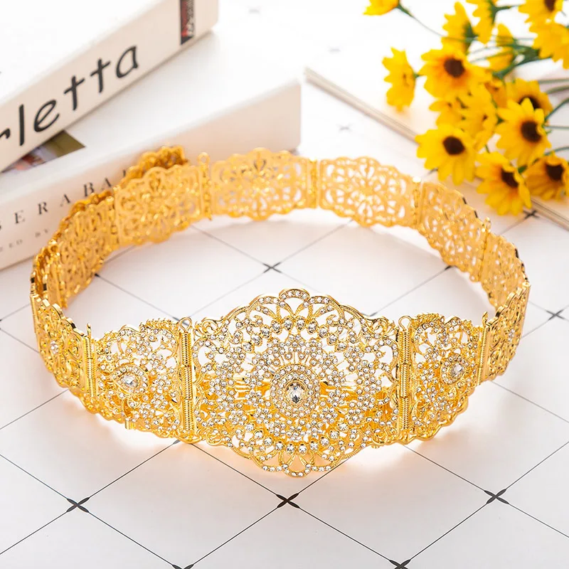 Cinturón de Color dorado marroquí para vestido de novia, cadena de cintura de cristal, bata de fiesta de vacaciones árabe, longitud ajustable, joyería corporal nupcial